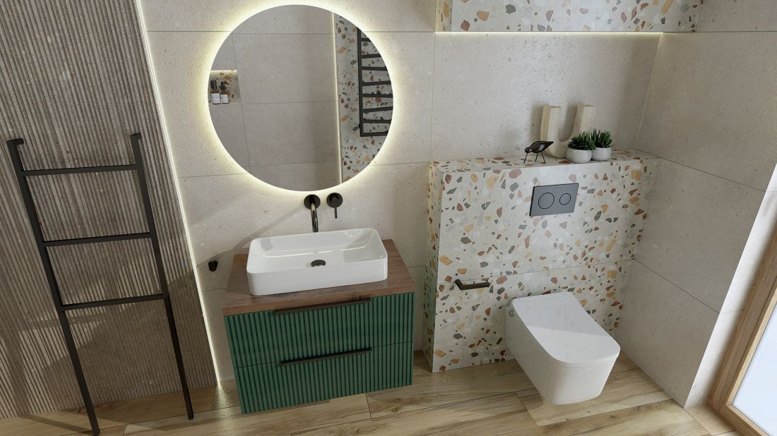 Szafka wisząca Oklahoma Green Mat 80 z blatem Oak 80 i umywalką Pasana, Bateria umywalkowa podtynkowa Orion Black Mat, lustro Stilbe 80, miska wisząca Murya z deską Smart, stojak na ręczniki Bohol