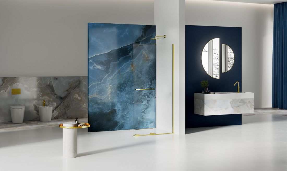 Smart Light Gold to połączenie kabiny typu walk-in z przesuwnymi drzwiami
