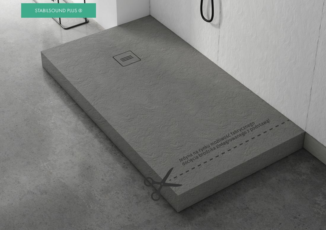 Ścianki prysznicowe Wall Comfort oraz Nonlimits Grey Stone - brodzik zintegrowany z podstawą w technologii Stabilsound Plus®