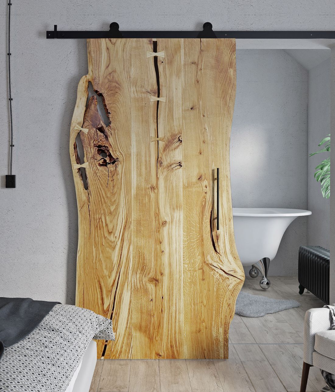 Drzwi przesuwne dębowe One Board Premium, prowadnica ścienna Vintage, uchwyt Larvik - rustykalneuchwyty.pl