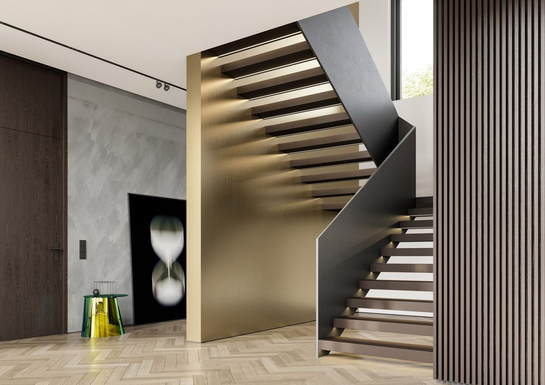 Schody wewnętrzne pomalowane farbą Capadecor Metallocryl nadają wnętrzu elegancji