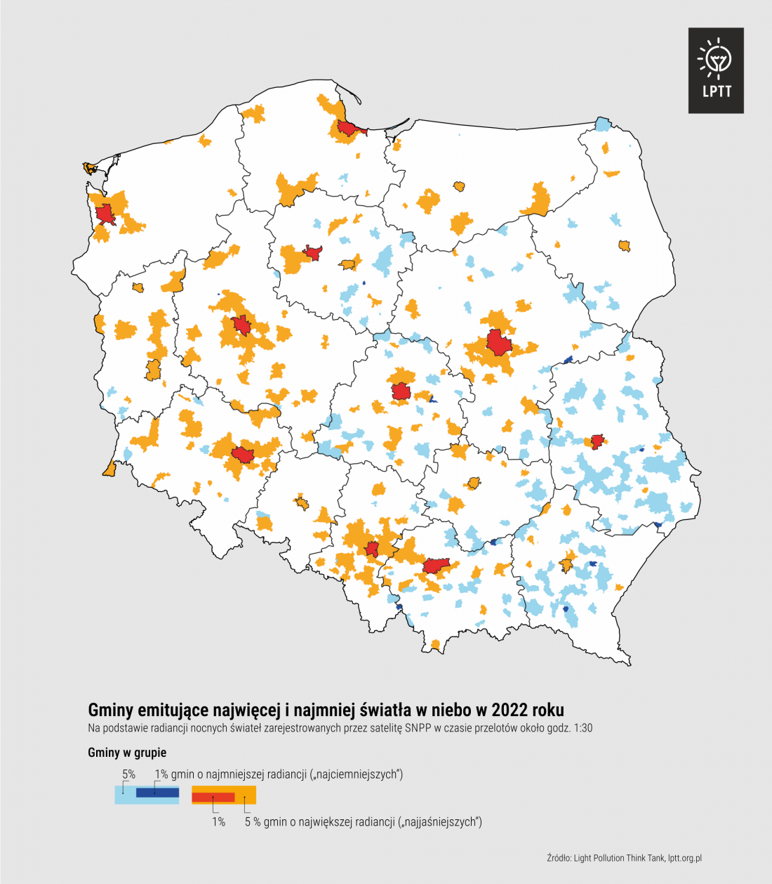 gminy emitujące najwięcej i najmniej światła w niebo w 2022 roku