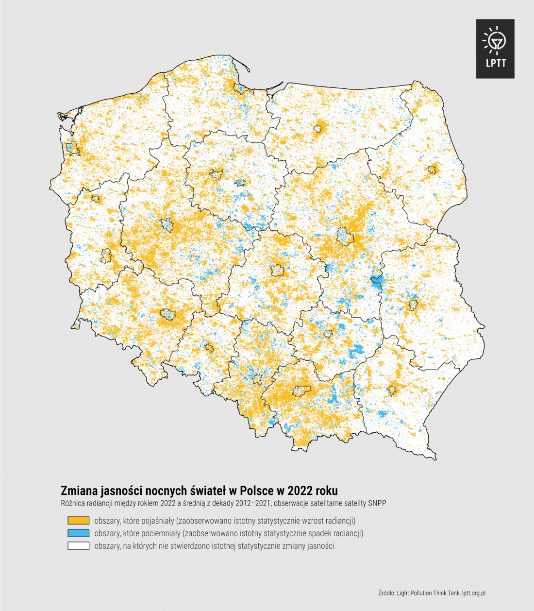 zmiana jasności nocnych świateł w Polsce w 2022 roku