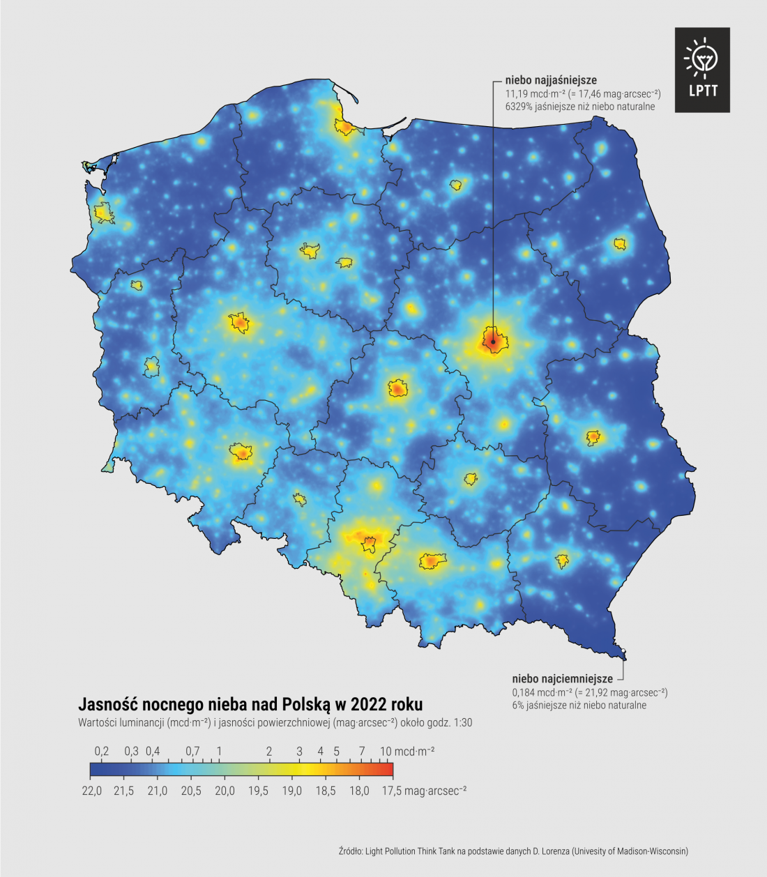 jasność nocnego nieba nad Polską w 2022 roku