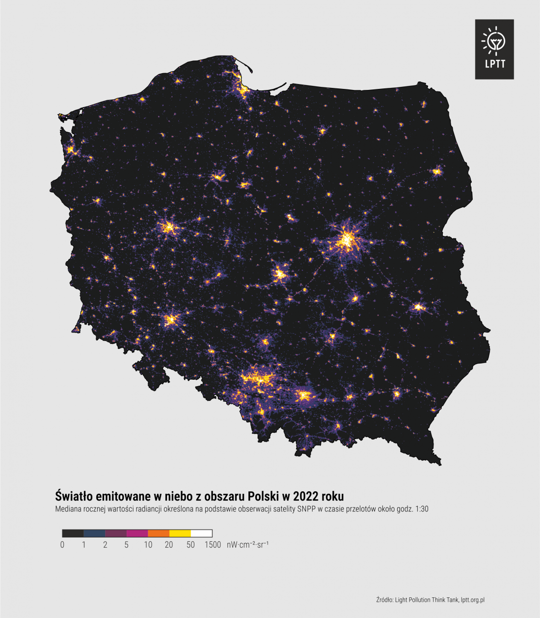 światło emitowane w niebo z obszaru Polski w 2022 roku