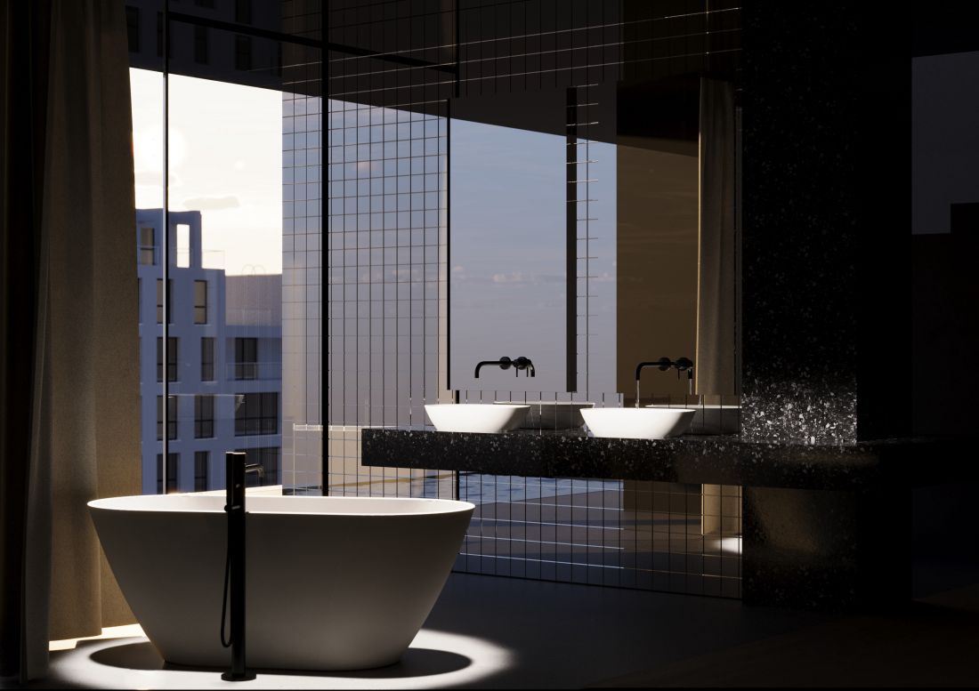 drugie miejsce przyznano Maciejowi Kozłowskiemu za projekt łazienki, gdzie architektura i oświetlenie budują tło dla kluczowych elementów wyposażenia domowego spa - wanny