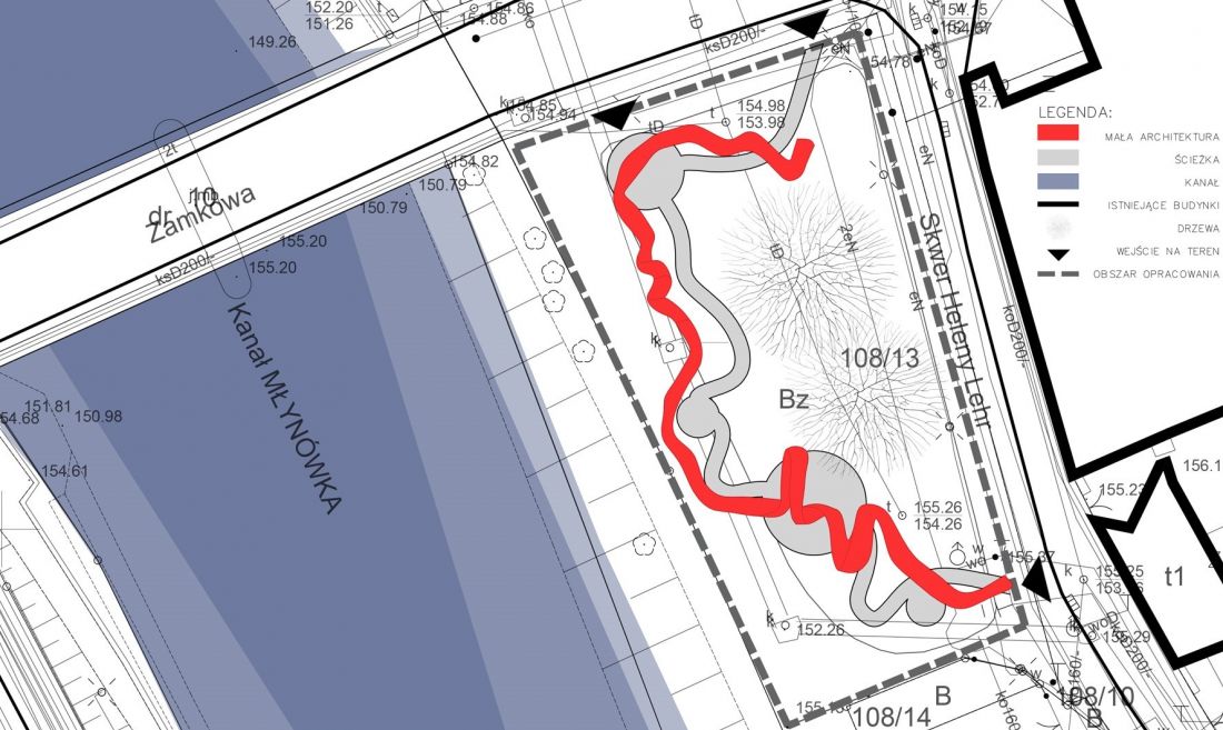 Autorki wprowadziły na teren skweru małą architekturę w formie czerwonej linii