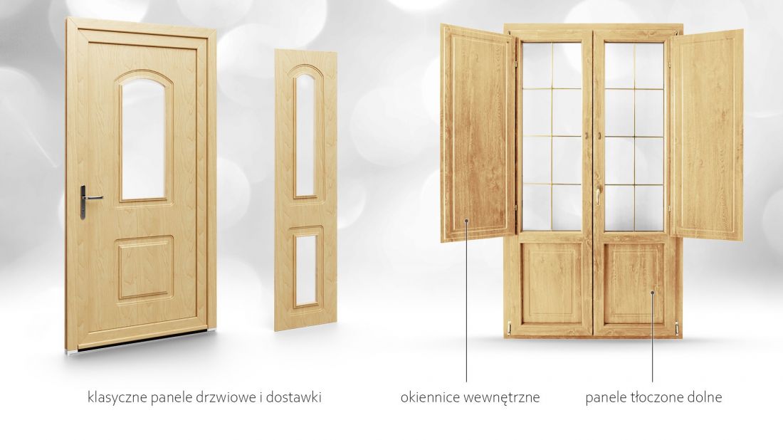 W ofercie znajdują się panele tłoczone wraz z wraz z pasującymi do nich dostawkami, panelami dolnymi i okiennicami wewnętrznymi