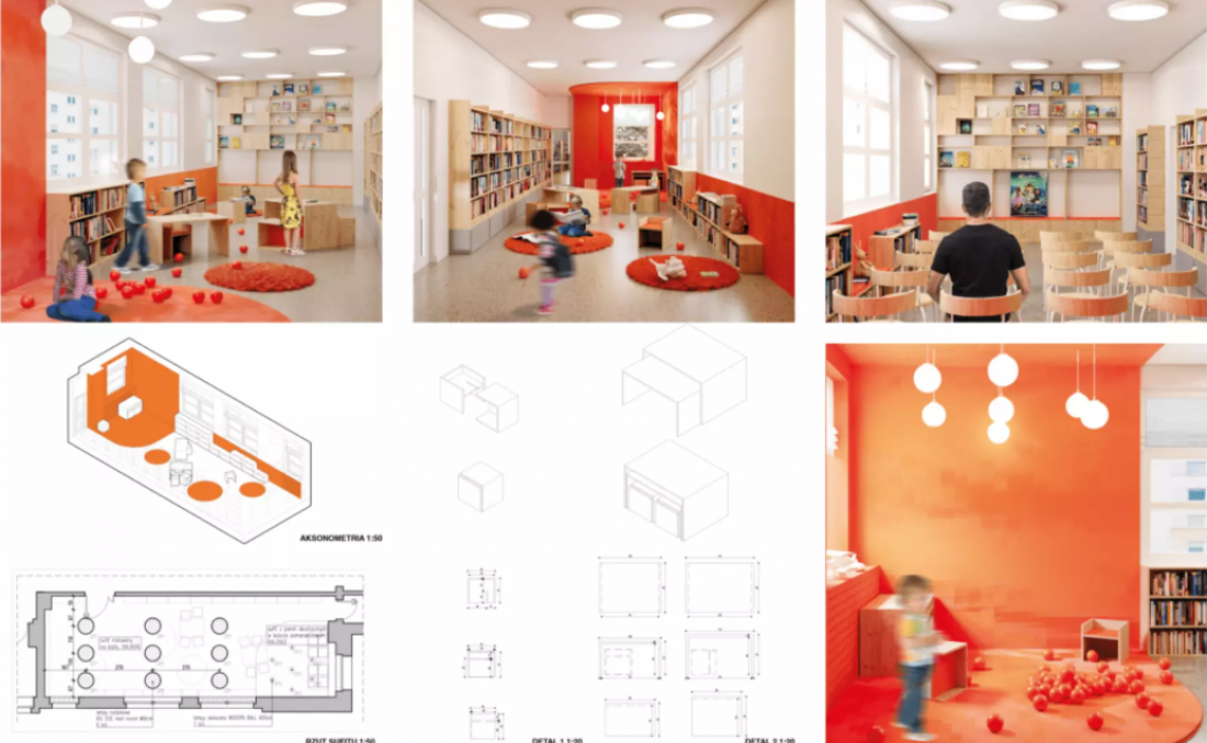 konkurs na uniwersalną koncepcję architektoniczną aranżacji wnętrza bibliotecznej strefy dla dzieci - praca autorstwa Oliwii Kędzińska, Lizavety Vizner 