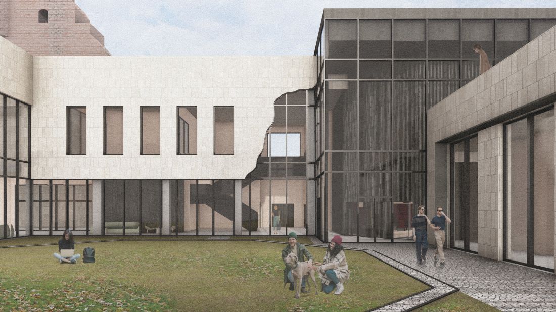 elewacja nowej części zaprojektowana została z użyciem dwóch materiałów: płytek klinkierowych i przechodzącego przez budynek szkła
