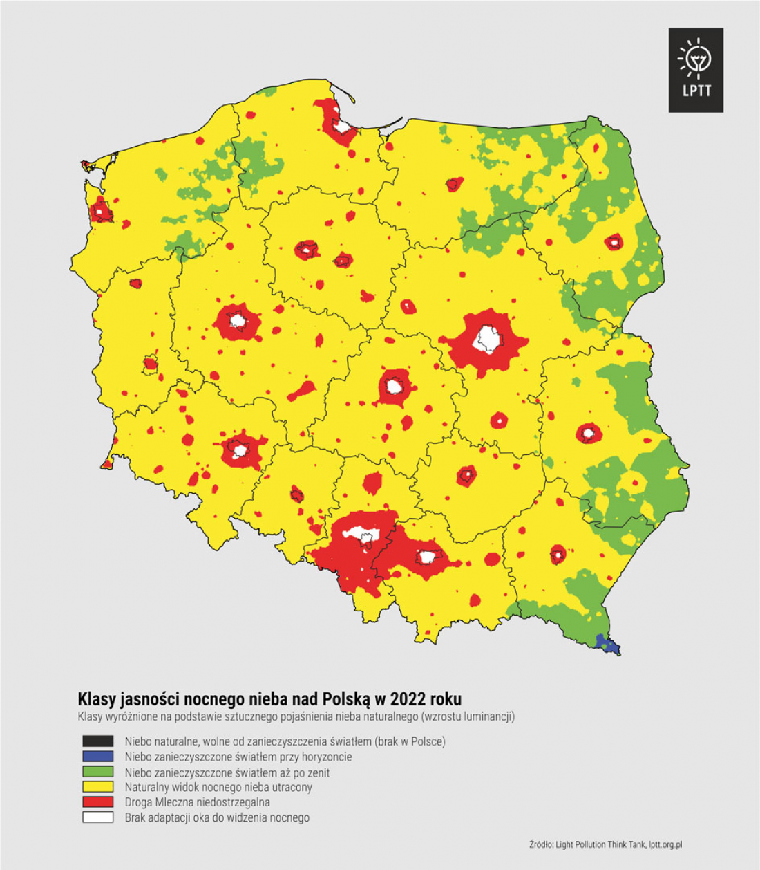 Klasy jasności nocnego nieba nad Polską w 2022 roku.