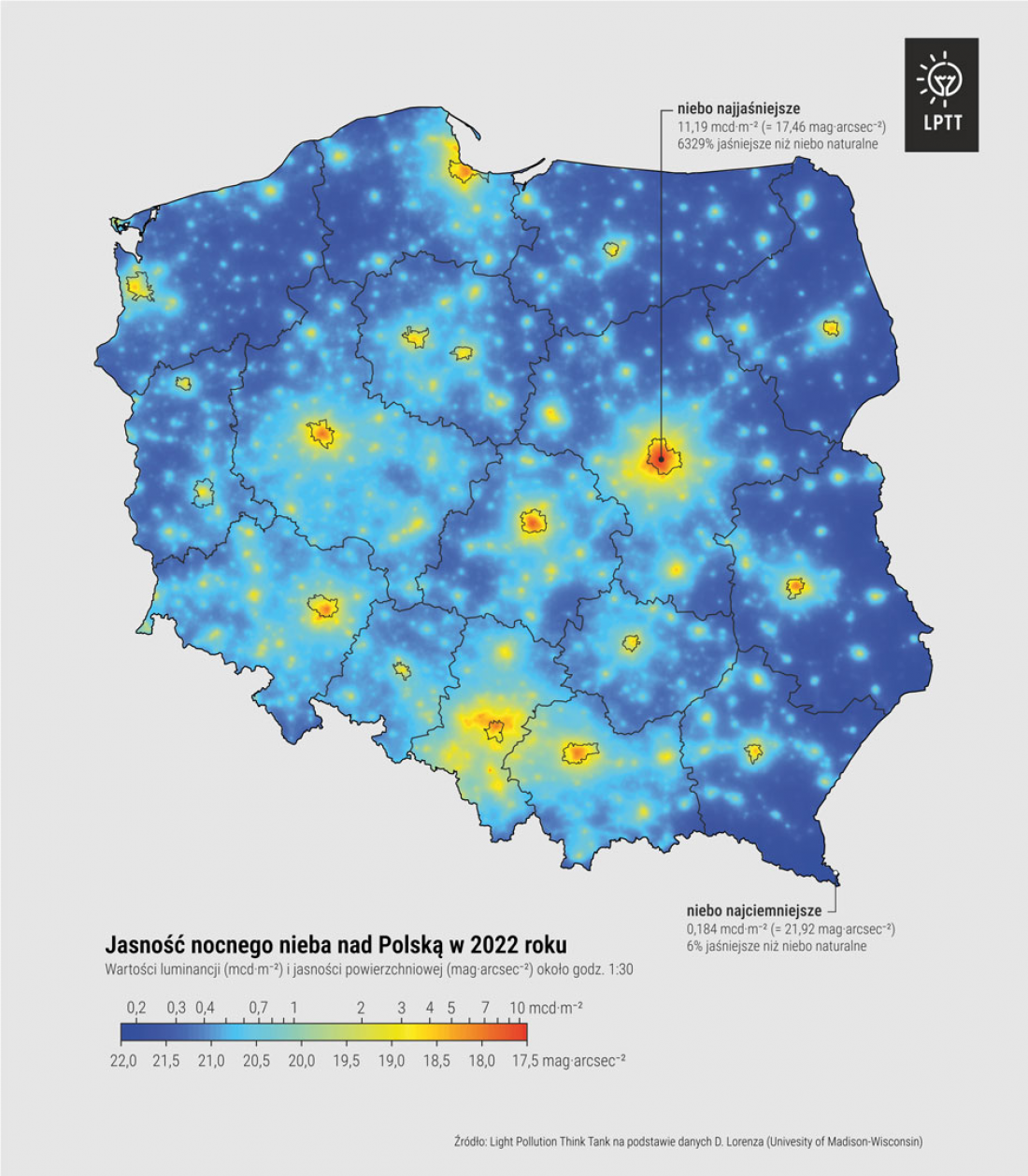 Jasność nocnego nieba nad Polską w 2022 roku