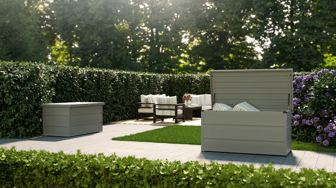 Skrzynia ogrodowa w kolorze szarego aluminium RAL 9007