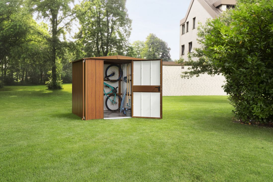 Domek ogrodowy Modern z dachem dwuspadowym z powierzchnią drewnopodobną Golden Oak