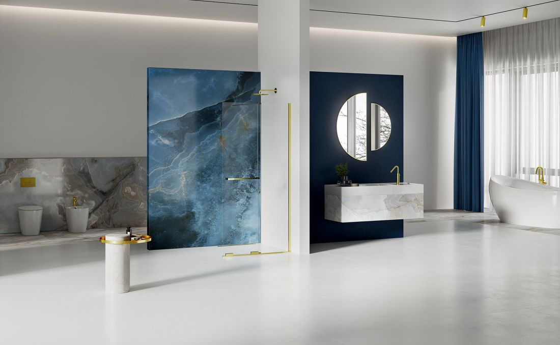 Kabina Smart Light Gold, walk-in z przesuwną ścianką, z dodatkowym wieszakiem relingowym