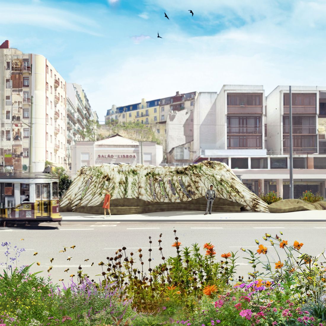 Design of a tram stop on Praça Martim Moniz in Lisbon using Urban MYCOskin