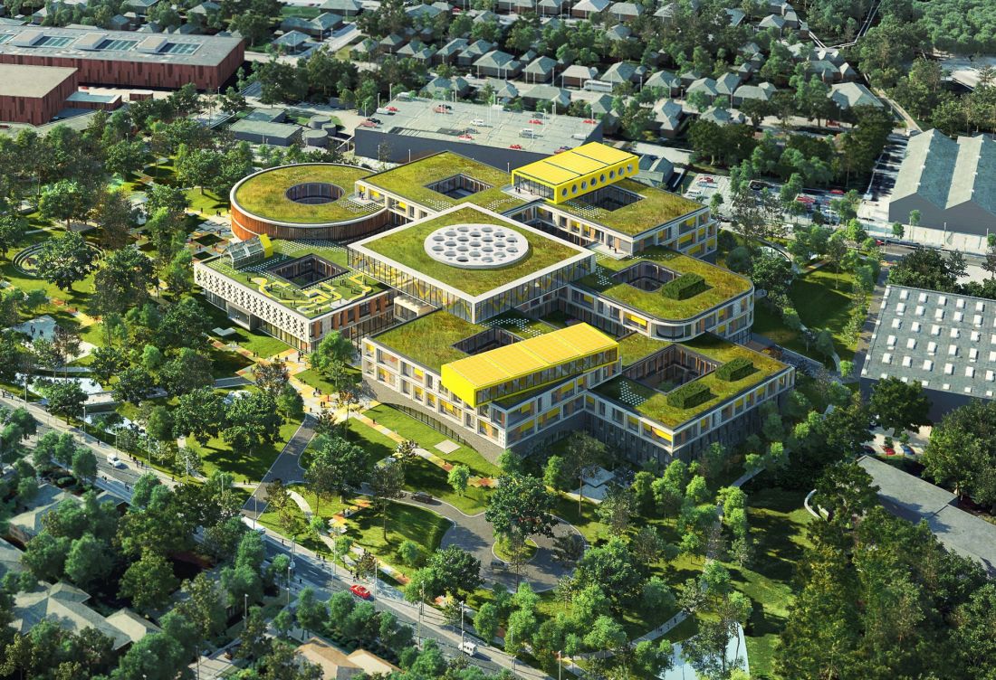 Wizualizacja widoku z lotu ptaka na kampus Lego w Billund