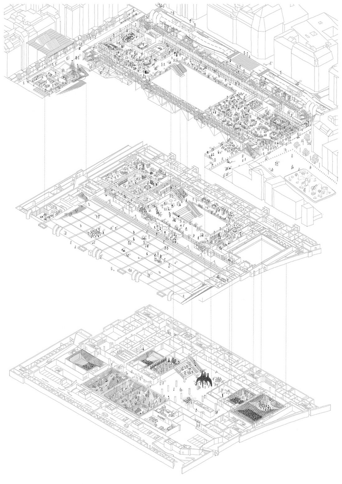 Aksonometria Centre Pompidou po renowacji (parter i antresola)