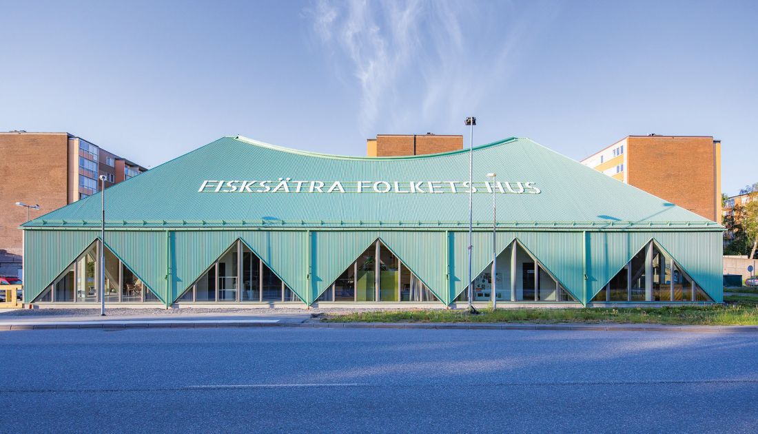 Fisksätra Folkets Hus, Sweden, by sandellsandberg arkitekter, Stockholm. GreenCoat Pro BT in Silver Fir Green.