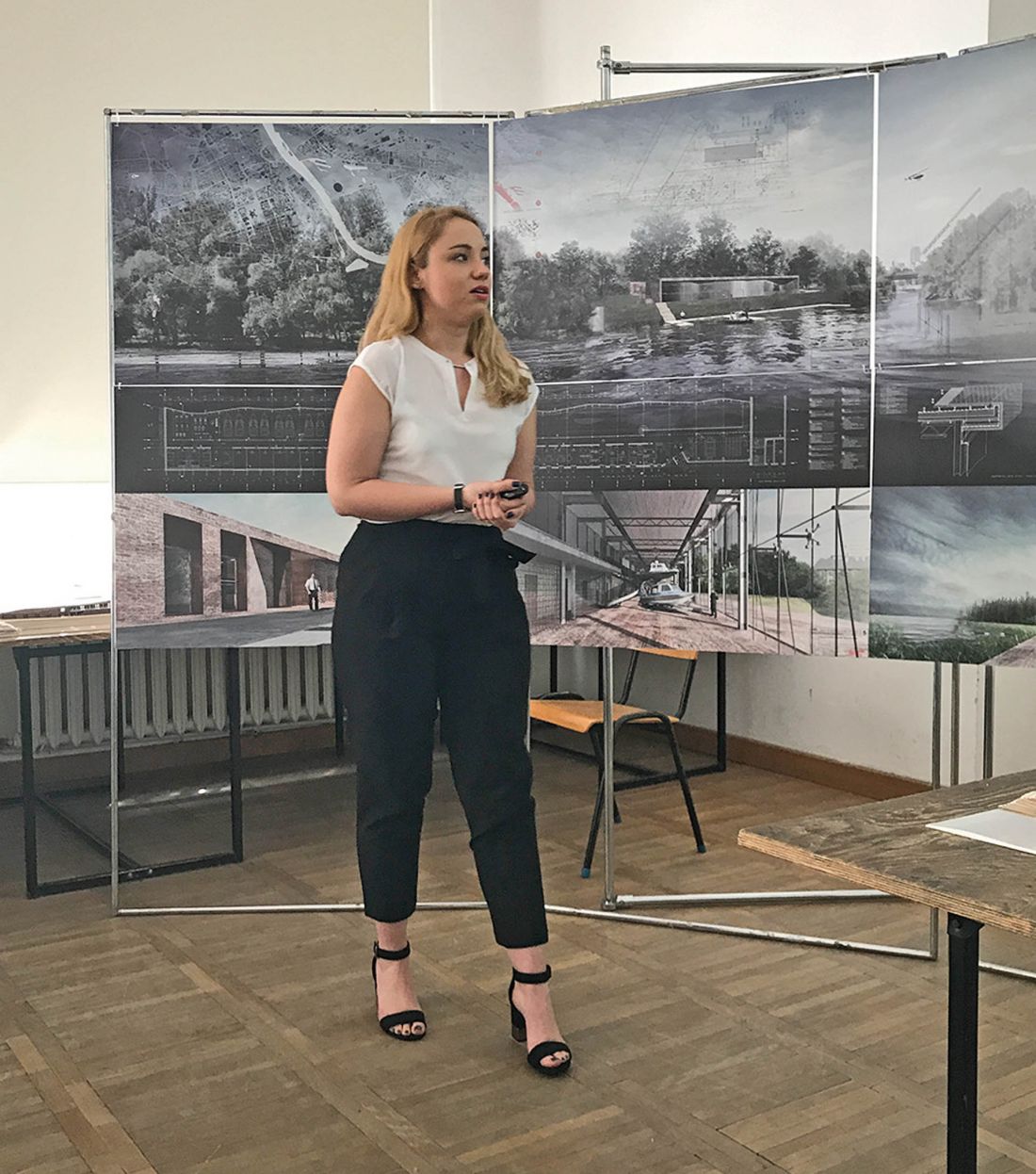 Paulina Kowalczyk i fragment prezentowanego przez nią dyplomu inżynierskiego (promotorka prof. Ewa Kuryłowicz), Politechnika Warszawska