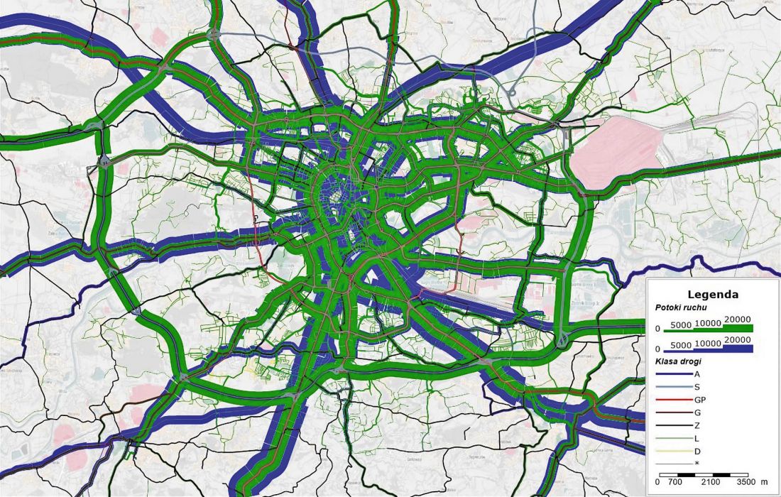 wynik symulacji w modelu transportowym uwzględniający potoki pasażerskie [pas./h], według Krakowskiego Modelu Ruchu