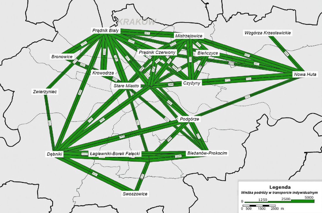 więźba ruchu obrazująca skąd i dokąd przemieszczają się mieszkańcy Krakowa [os/d], według Krakowskiego Modelu Ruchu