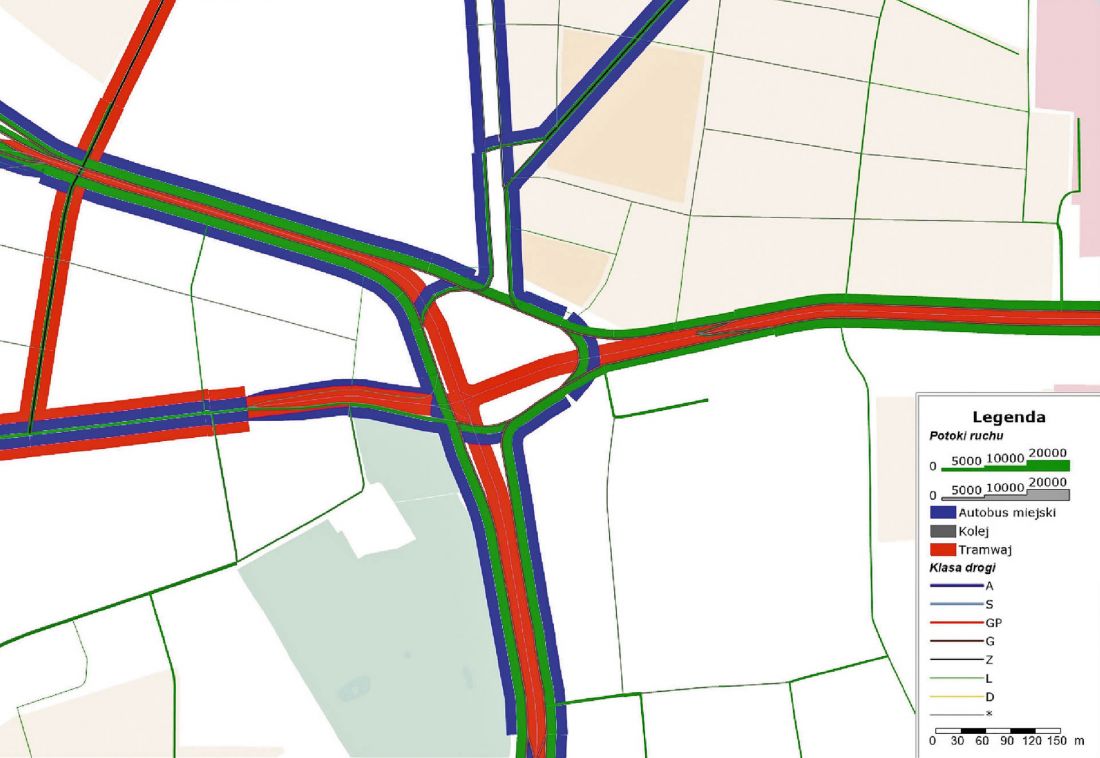 wynik symulacji w modelu transportowym w rozbiciu na poszczególne środki przewozowe [pas/d], według Krakowskiego Modelu Ruchu