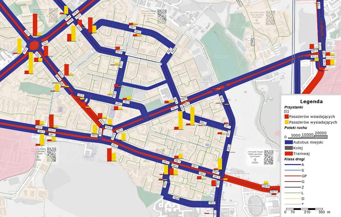 obciążenie poszczególnych przystanków tramwajowych i autobusowych [pas./d], według Krakowskiego Modelu Ruchu