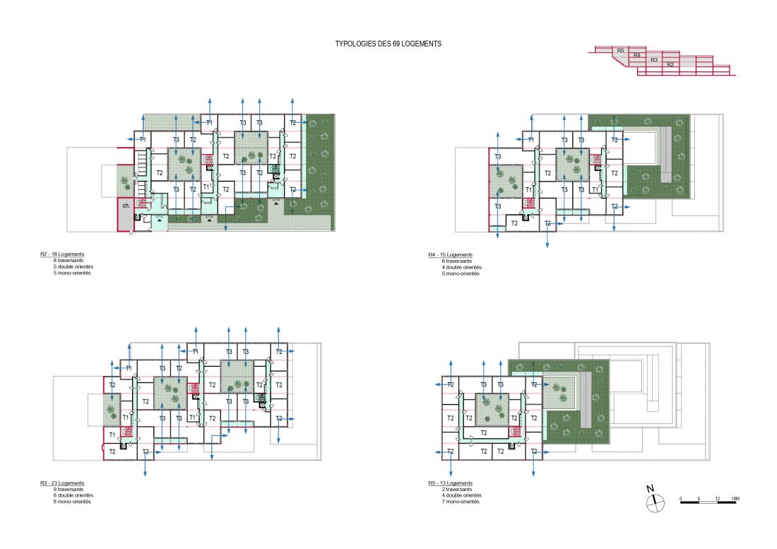 Plany architektoniczne pięter budynku wraz z przekrojem