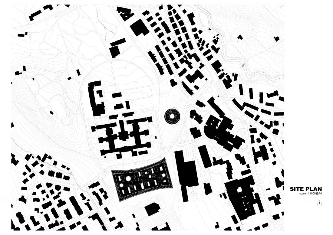 Plan terenu przedstawiający złożony układ urbanistyczny z budynkami, drogami i konturami terenu