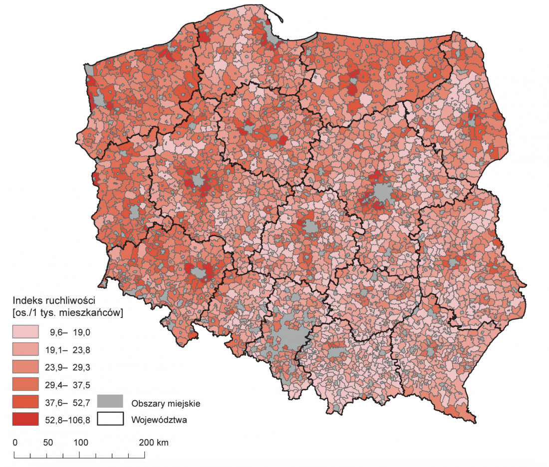 Indeks ruchliwości na obszarach wiejskich w Polsce w 2019 r.