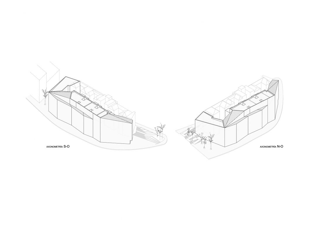 Dwa aksonometryczne rysunki architektoniczne budynku z różnych perspektyw