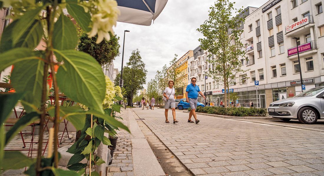 obok licznych nasadzeń zielenią wysoką w wielu miejscach znalazła się także ozdobna zieleń niska; tu widoczna w obrębie ogródka gastronomicznego