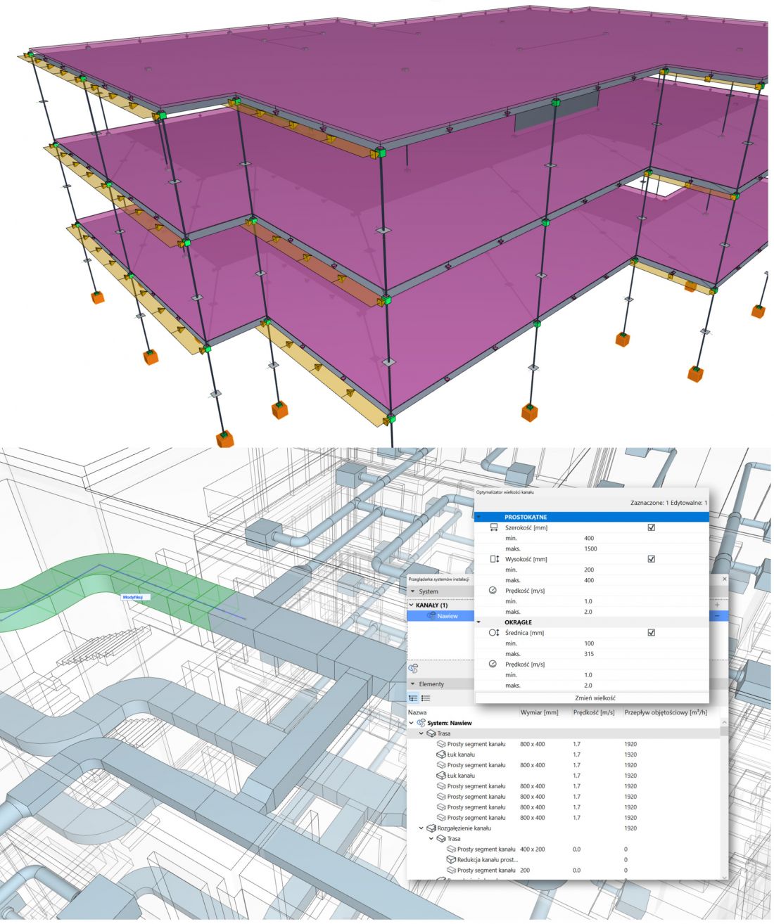 Widok modelu analitycznego konstrukcji i fragment modelu instalacji z obliczeniami prędkości przepływu i optymalizacją wielkości kanałów w programie Archicad 28