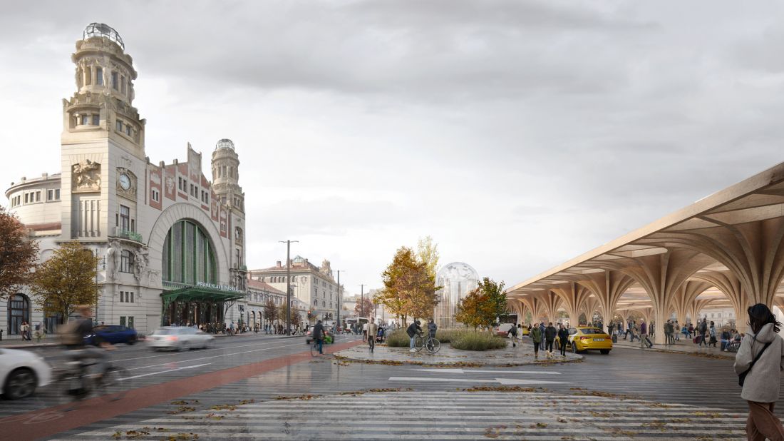Nový Hlavák w Pradze - widok na Dworzec Główny i nową przestrzeń z drewnianym, otwartym zadaszeniem, wizualizacja 