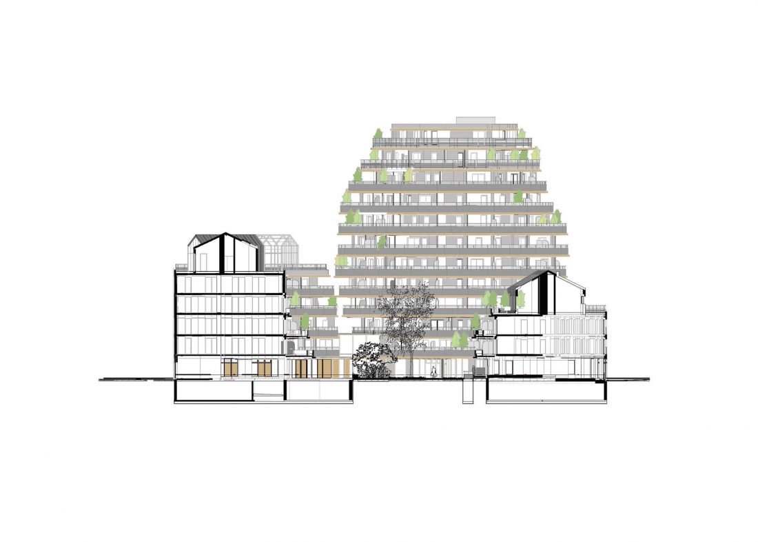 Apartamentowiec Arborescence w Angers, we Francji - przekrój bryły
