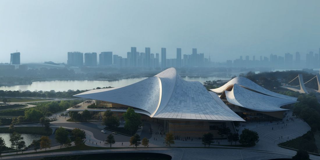 Centrum Kultury i Sztuki nad rzeką Cao”e w prowincji Zhejiang w Chinach - widok z lotu ptaka