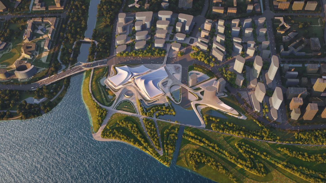 Centrum Kultury i Sztuki nad rzeką Cao”e w prowincji Zhejiang w Chinach - widok z lotu ptaka