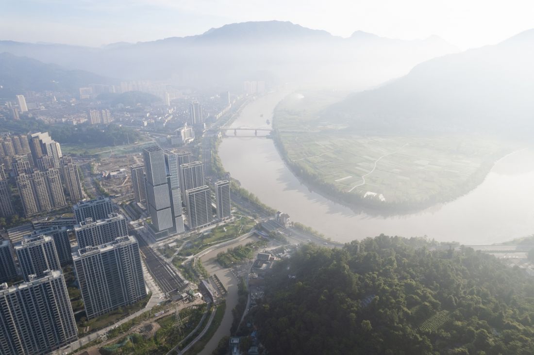 Wieżowiec Nansheng Center w Wenzhou - widok z lotu ptaka