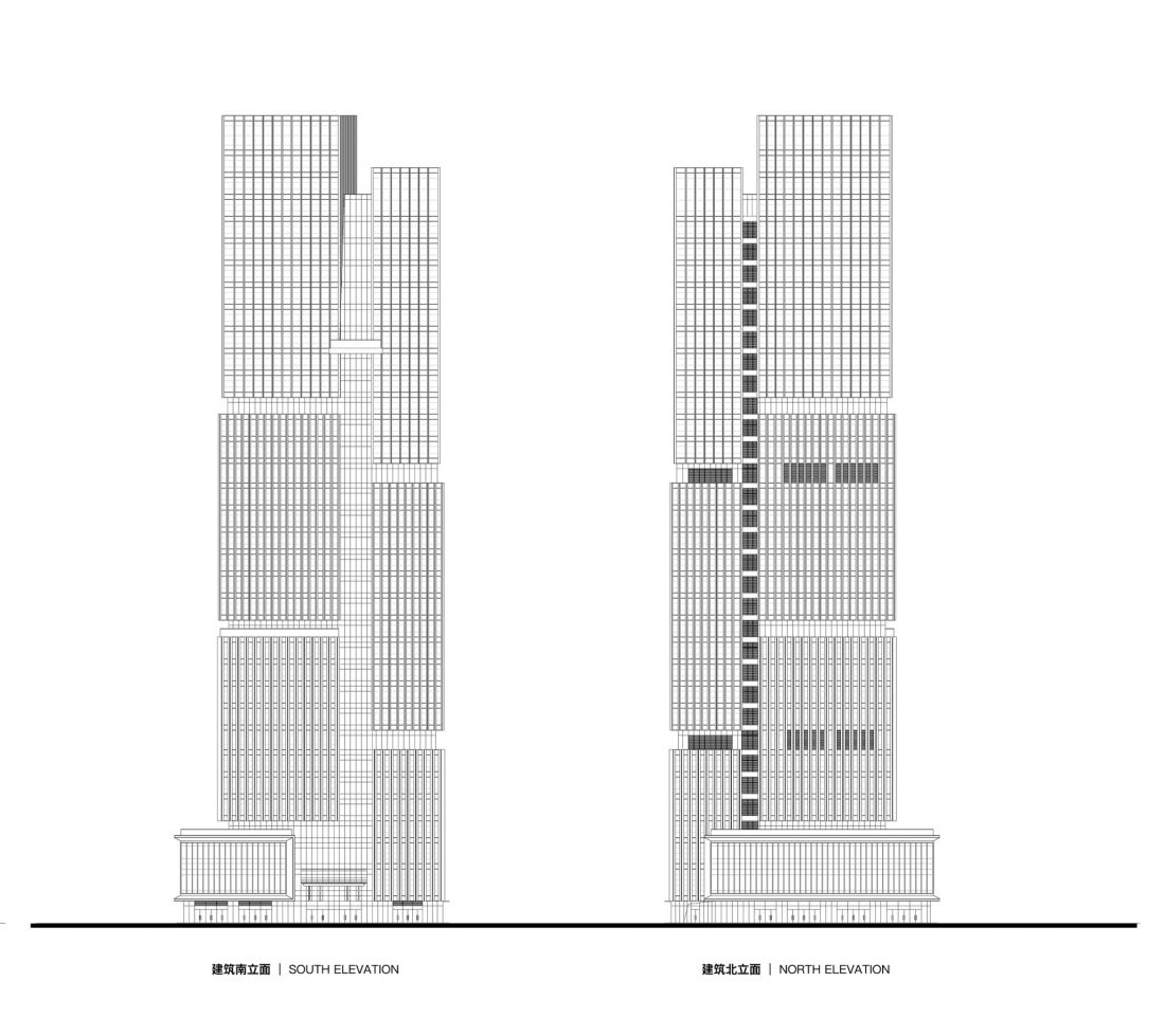 Wieżowiec Nansheng Center w Wenzhou - rysunek południowej i północnej elewacji 
