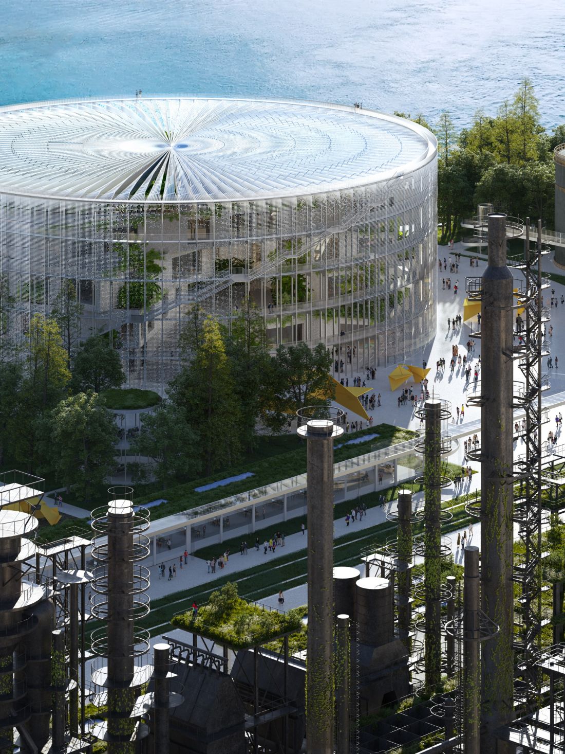 Modernizacja parku po byłej fabryce rafinerii ropy naftowej w Hangzhou - centralnym punktem parku stanie się Centrum Sztuki i Nauki o cylindrycznej bryle 