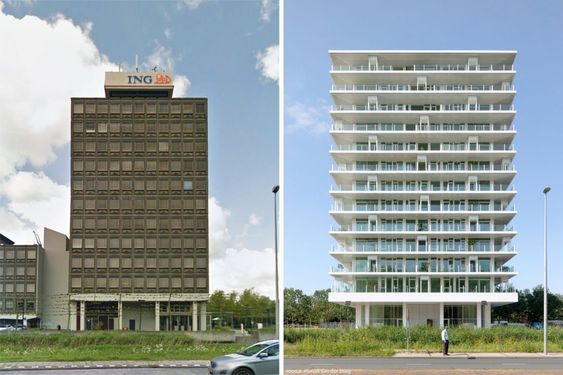 Wieżowiec mieszkalny De Voortuinen w Amsterdamie - budynek przed modernizacją (po lewej) i po modernizacji (po prawej)