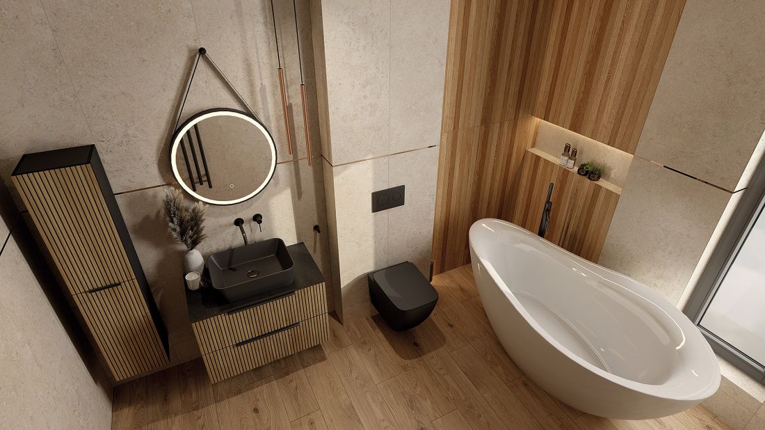 Miska wisząca Onil Black, Wanna wolnostojąca Reus, Szafka wisząca Oklahoma Wood, Umywalka Alegranza Black, Bateria umywalkowa podtynkowa Orion Mat Black, Lustro Ava, Słupek wiszący Oklahoma Wood