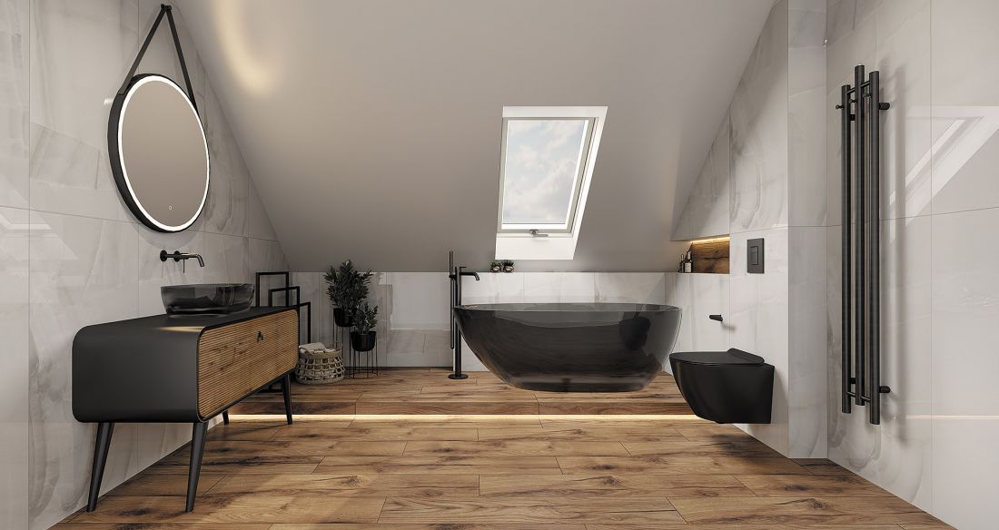 Miska wisząca Sinto Black 3.0, Wanna wolnostojąca Queen, Bateria wolnostojąca Orion Mat Black, Szafka stojąca Augusta, Umywalka nablatowa Queen, Bateria umywalkowa podtynkowa Orion Mat Black, Lustro Ava, Grzejnik wiszący Calentador Black
