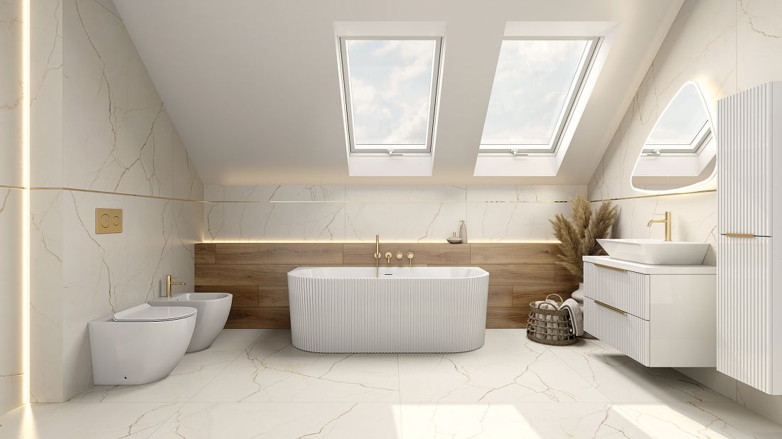 Wanna przyścienna Oklahoma, Bateria wannowa podtynkowa 4-otworowa Orion Brushed Gold, Miska stojąca Sofi, Bidet stojący Sofi, Bateria bidetowa Orion Brushed Gold