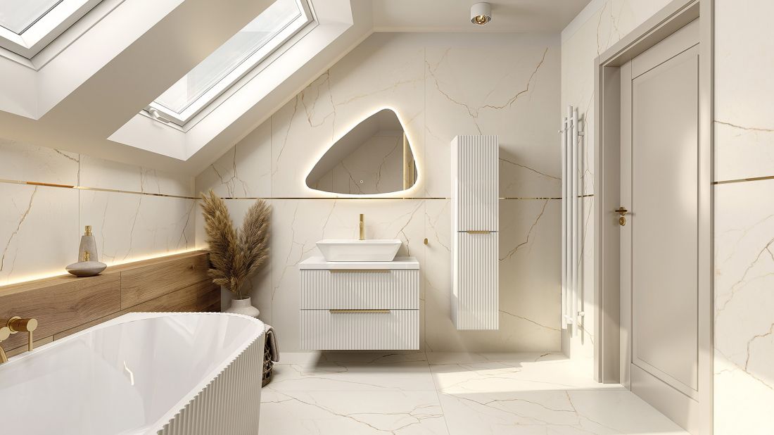 Szafka wisząca Oklahoma White, Blat white, Umywalka Cabrera Grande, Bateria umywalkowa niska Orion Brushed Gold, Lustro Idaja, Słupek wiszący Oklahoma White, Grzejnik wiszący Calentador