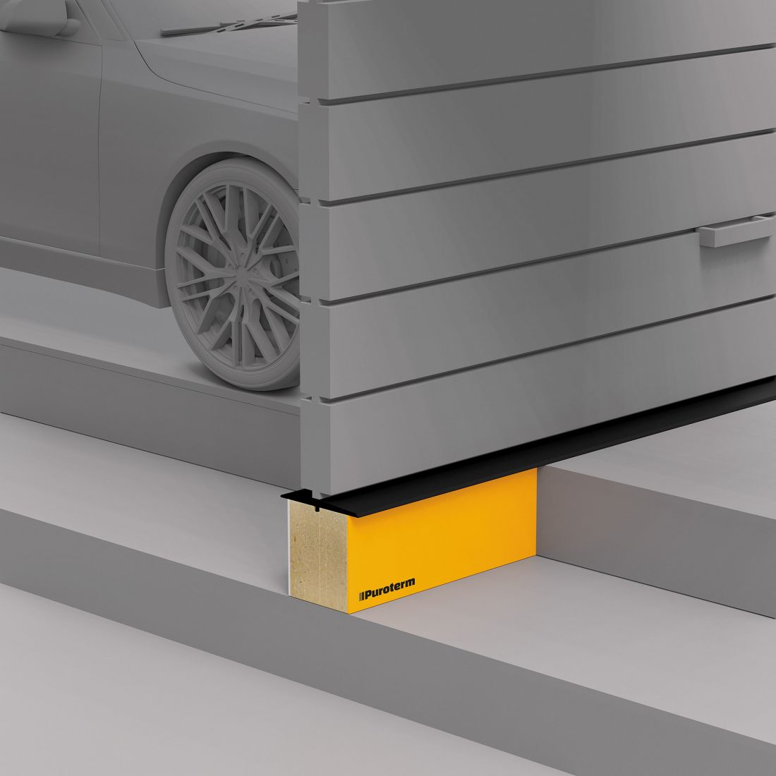 Puroterm HEAVY z uszczelką GR zamontowany pod segmentową bramą garażową. W parze z uszczelką dolnego segmentu bramy tworzy ekstremalnie skuteczną szczelność jednocześnie eliminując liniowy mostek termiczny