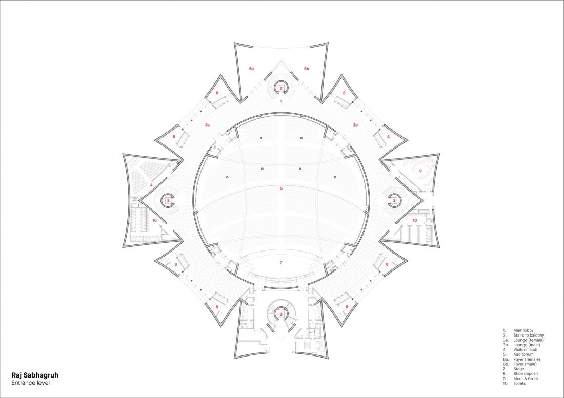Audytorium w klasztorze dźinijskim Shrimad Rajchandra Ashram w Dharampur, w stanie Gujarat - plan parteru 