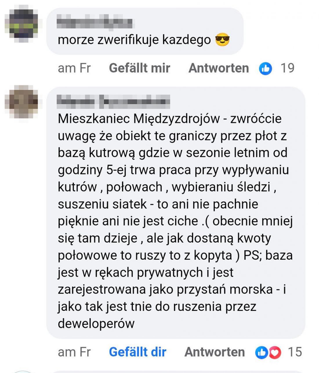 Screen z komentarzy pod postem na Facebooku odnośnie inwestycji.