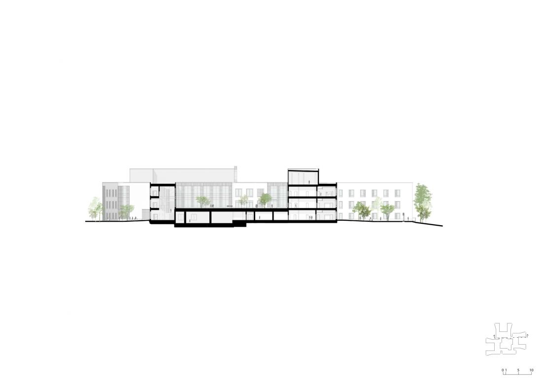 Klinika psychiatryczna w Tampere - przekrój podłużny 